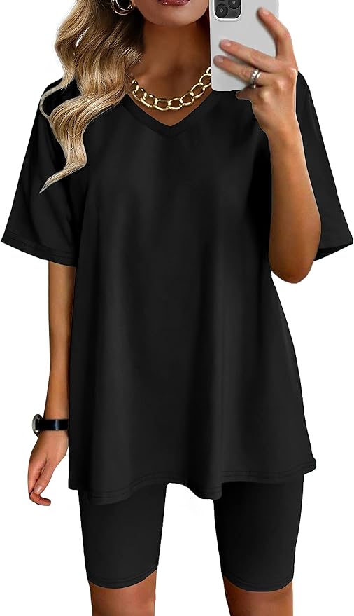 AGSEEM Two Piece Outfits For Women Summer V Neck T-Shirt Tops Biker Shorts Workout Sports Tracksuit