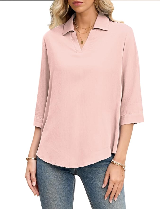 LOMON Womens 3/4 Sleeve Tops V Neck Cotton Linen Work Blouse Polo Shirts for Women Business Casual 2026