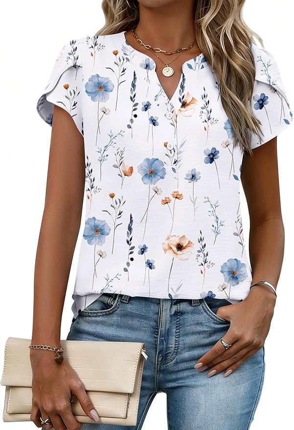 Zeagoo Womens Tops Dressy Casual Textured Blouses Cap Short Sleeve Shirts V Neck Button Up Summer Spring Work Tshirt Clothes