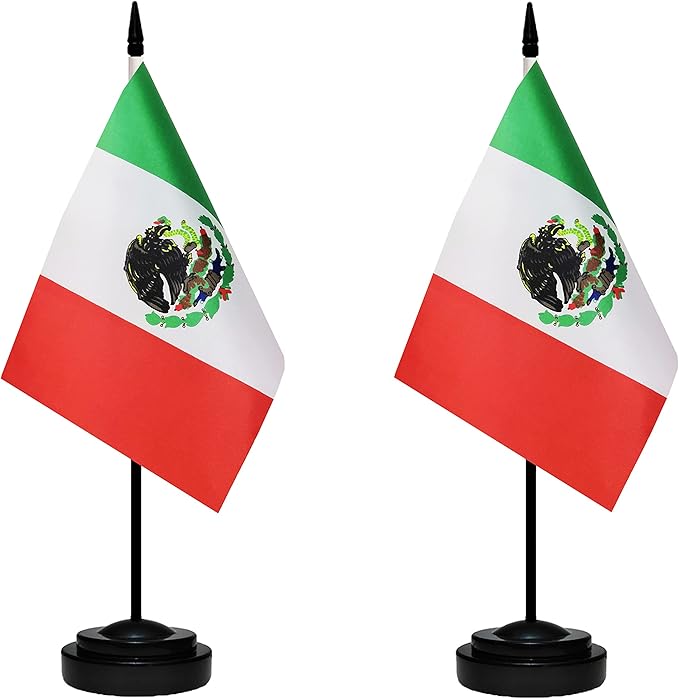 Mexico Mexican Deluxe Desk Flag Set Small Mini Miniature Mexico Mexican Table Desktop Flags With Solid Pole, Black Base and Spear Top(2 Pack)