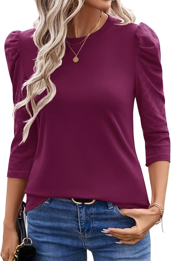 Ivicoer 3/4 Length Sleeve Womens Tops Summer Spring Tops for Women 2025 Puff Lace Sleeve Shirts Blouses