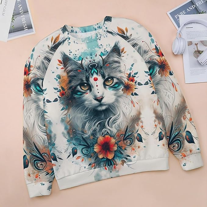 Spatofa Womens novelty funny cat printed crewneck sweatshirt casual loose long sleeve graphic pullover sweatshirts tops