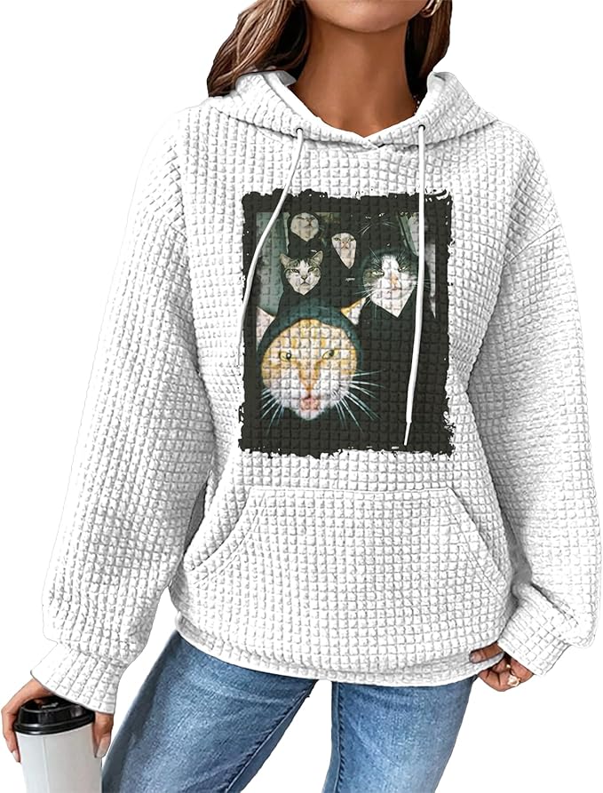 domirica Pullover Sweatshirts For Women Drawstring Long Sleeve Waffle Sweatshirt With Pocket Vintage Street Wear Qutfits