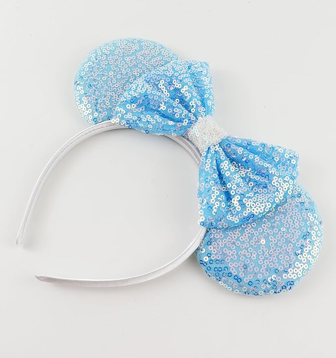 LIHELEI Mouse Ears Headband for Princess, Blue Cinderella Elsa Headbands for Halloween Costume, Sequin Bows Headwear Hair Accessories for Women -Light Blue