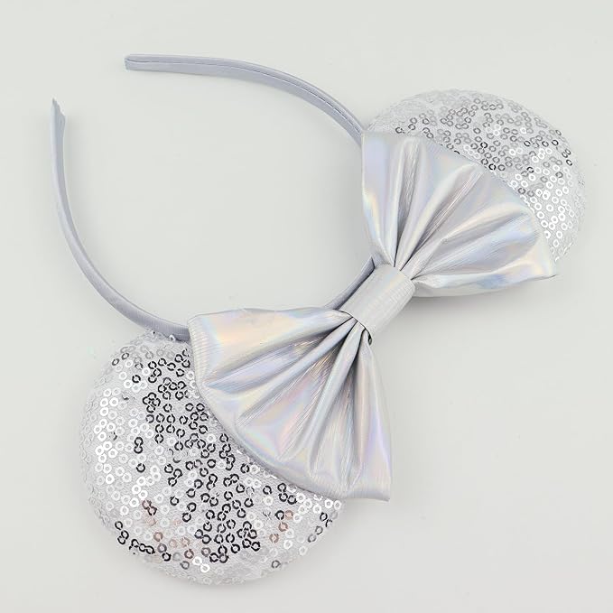 LIHELEI Mouse Ears Headband for Princess, Silver Headbands for Halloween Costume, Sequin Bows Headwear Hair Accessories -Light Blue