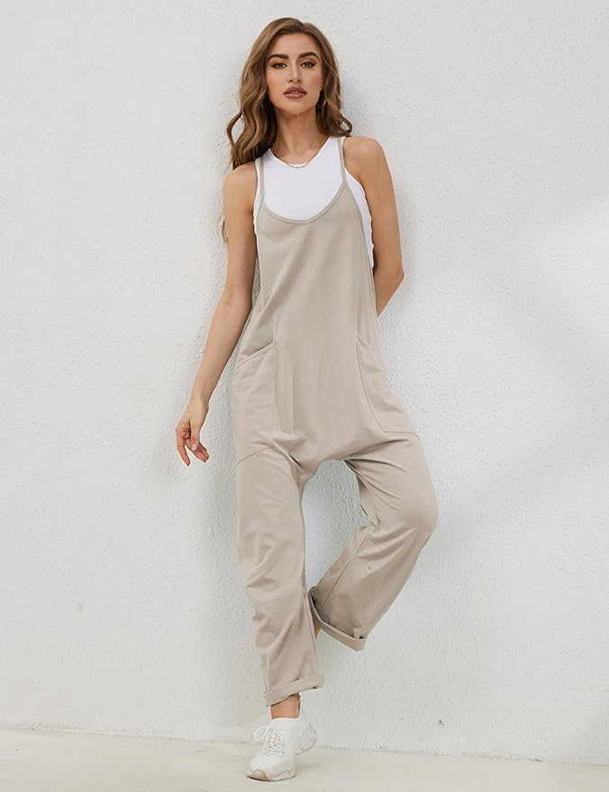 Lentta Women's Causal Jumpsuits V Neck Sleeveless Harem Overalls Stretchy Adjustable Strap Romper with Pockets