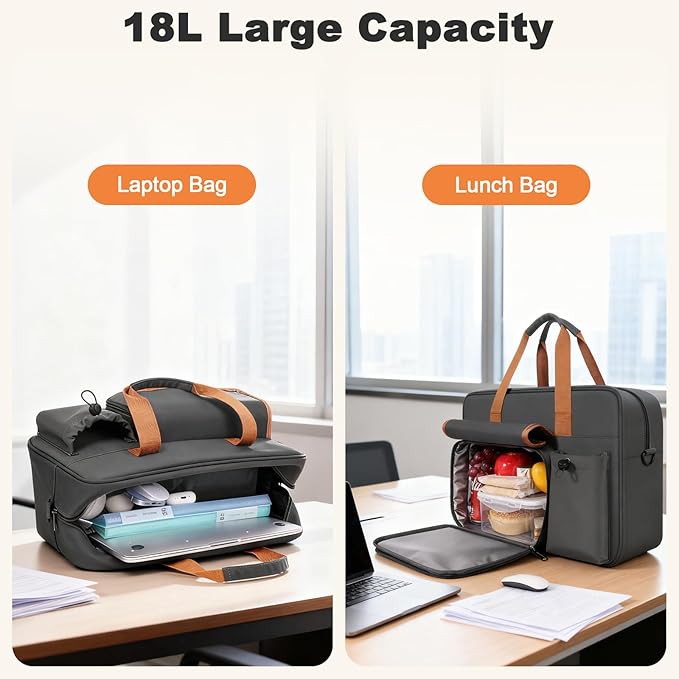 Insulated Lunch Bag & Laptop bag 2-in-1, 15.6 Inch Professional Tote for Men Women, 18L Lightweight Water-Resistant Work Bag with Bottle Pocket for Business, Office, Engineers, Teachers - Black Brown
