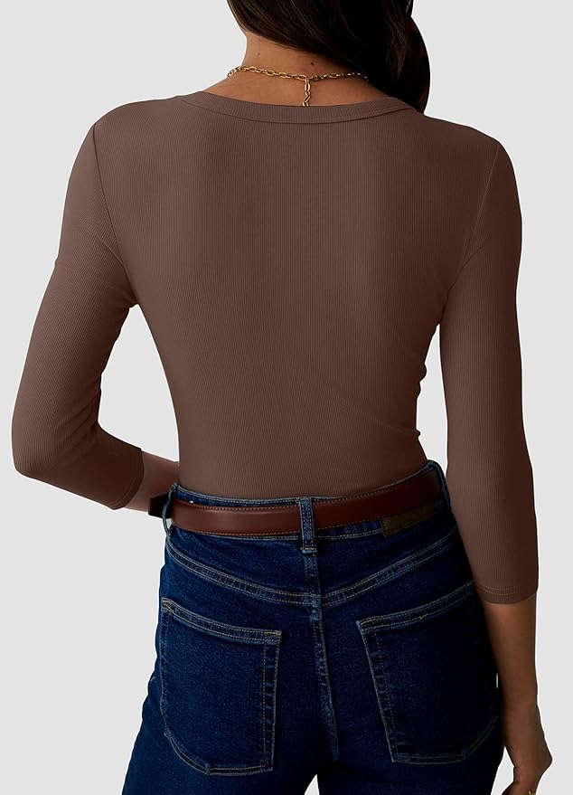 Womens 3/4 Sleeve Scoop Neck Top Ribbed Knit Slim Fitted Casual Basic Tee Shirts 2025 Fall Trendy Work T-Shirt Outfits