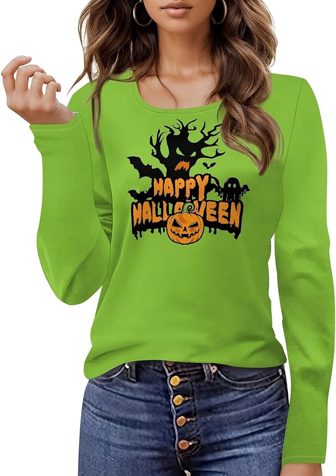 domirica Halloween Sweatshirts For Women Cute Pullover Fall Long Sleeve Pullover U-Neck Halloween Crazy Party Club Clothes
