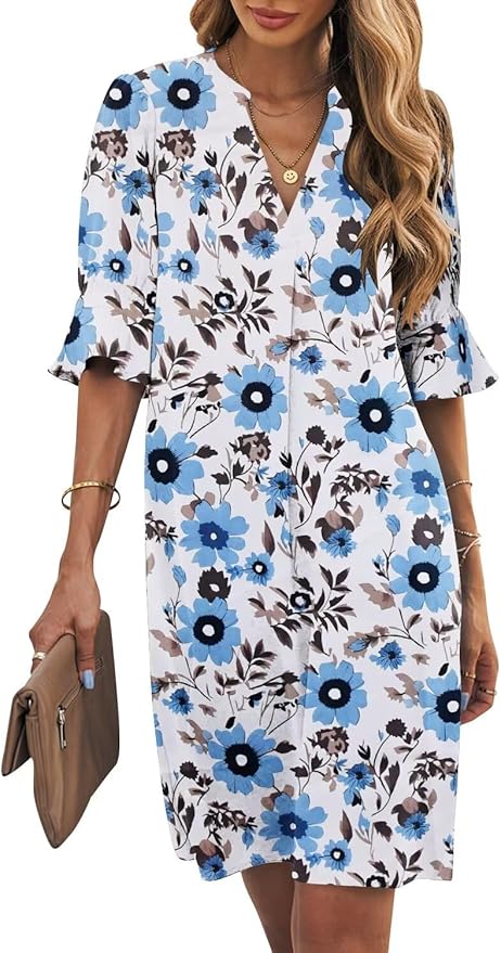 Wkior Shift Dress for Women V Neck Short Sleeves Solid Color Casual Flowy Summer Dresses(S-2XL)