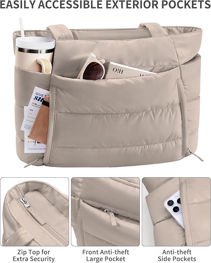 Puffer Tote Bag for Women, Lightweight Puffy Work Handbag Teacher Nurse Quilted Shoulder Bag for School Travel Gym | Quilted, with Zipper, Daily Carry On Bags, Comfy College Bags, 15.6" Laptop Sleeve, Cup Holder Pocket, Portable, Spacious