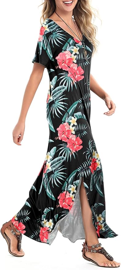 Arolina Women's Summer Maxi Dress Short Sleeve V Neck Casual Loose Long Beach Split Dresses with Pockets
