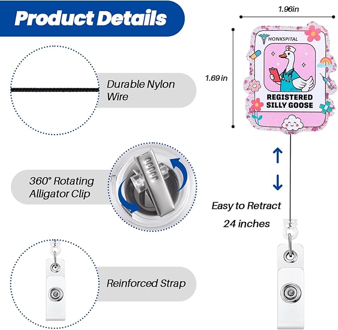 Registered Silly Goose Funny Nurse Badge Reel, Cute Pink Retractable ID Card Badge Holder, Name Tag Medical Work Badge Clip for NICU RN ER LPN EN OB/GYN L&D CNA Night Shift Nurse Doctor, Doctor Gifts
