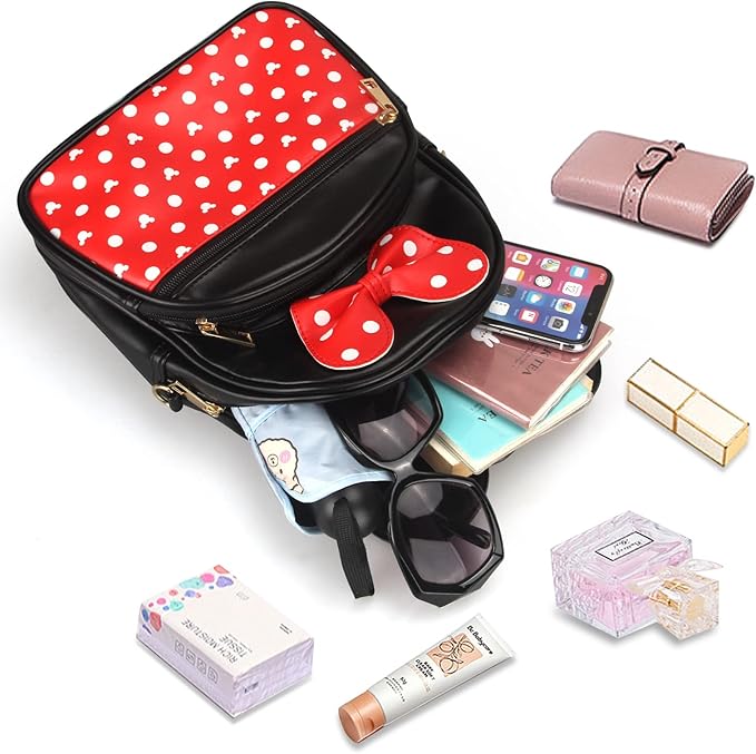 Dksyee Cute Red Backpack for Girl Bowknot Polka Dot Mini Mouse Leather Backpacks for Toddler Little Girl Backpack Kids Small Travel Backpacks Convertible Shoulder Bag Purse for Children Daypack