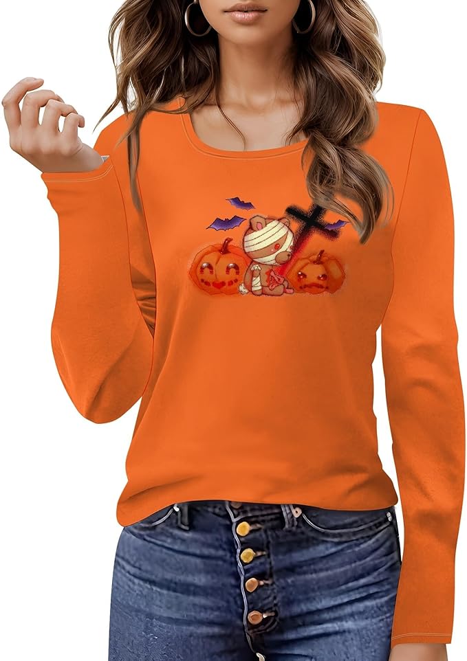 domirica Halloween Sweatshirts For Women Cute Pullover Fall Long Sleeve Pullover U-Neck Halloween Crazy Party Club Clothes