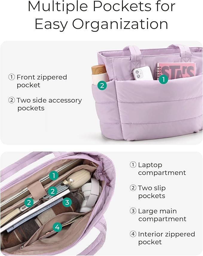 BAGSMART Tote Bag for Women, Lightweight Puffy Tote Bag with Compartments Shoulder Bag Handbag for Travel, Work, Gym | Lightweight, Puffy, Tote Bag with Compartments, Quilted, for Travel, Work