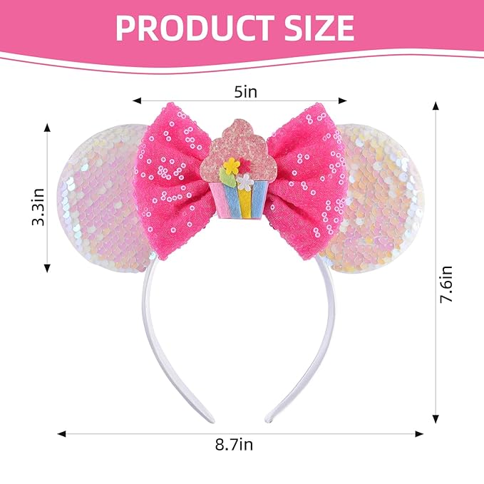 Seamoy Birthday Pink Minnie Ears Headband, Sparkle Birthday Mouse Ears, Princess Headwears for Women Girls (1 Count, Pink)