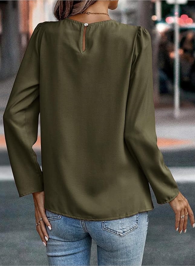 Samefar Womens Tops Dressy Casual Pleated Crew Neck Long Sleeve Shirts Office Work Chiffon Blouses