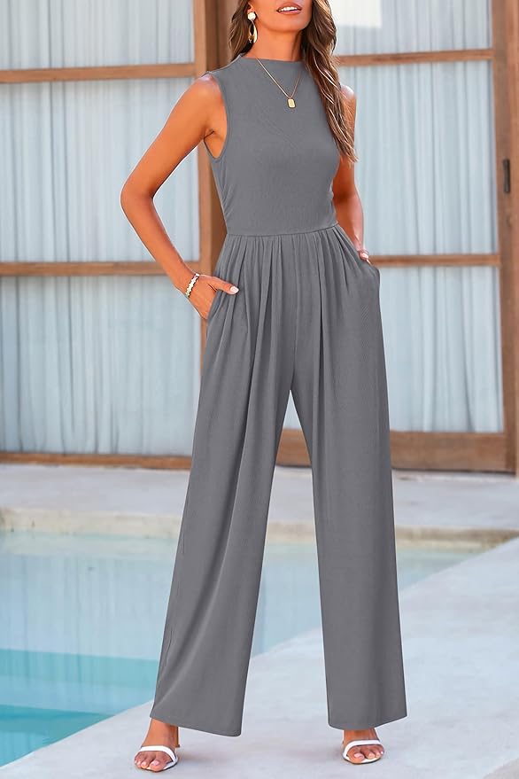 PRETTYGARDEN Womens Summer Jumpsuits Dressy Casual One Piece Outfits Sleeveless Mock Neck Wide Leg Pants Rompers with Pockets
