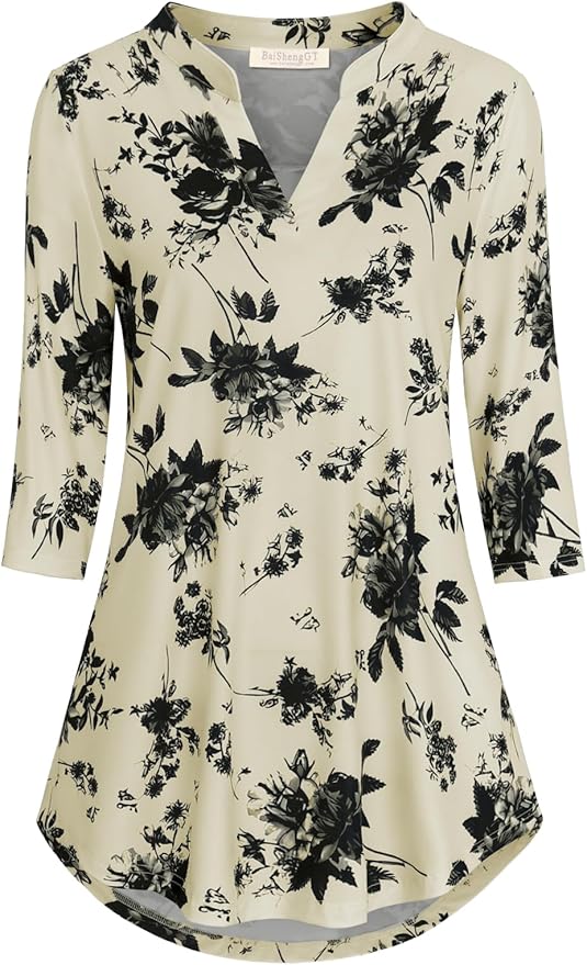 BAISHENGGT 3/4 Sleeve Tops for Women Notch V Neck Floral Work Blouses Dressy Casual Loose Fit Going Out Tunic Tops