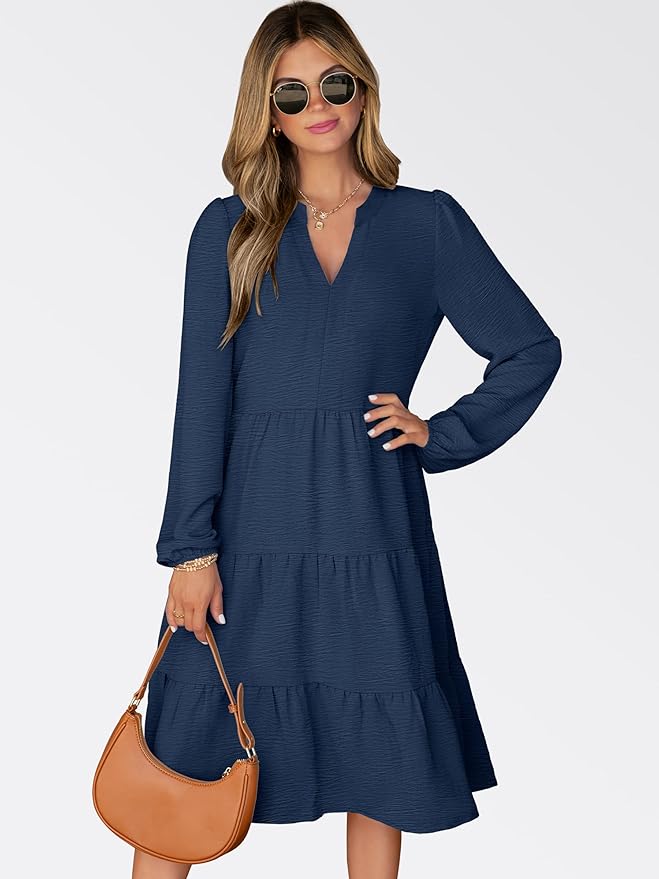 ANRABESS Womens Fall Midi Dresses Long Sleeve V Neck Swing Tiered Work Business Casual 2026 Flowy Beach Vacation Dress