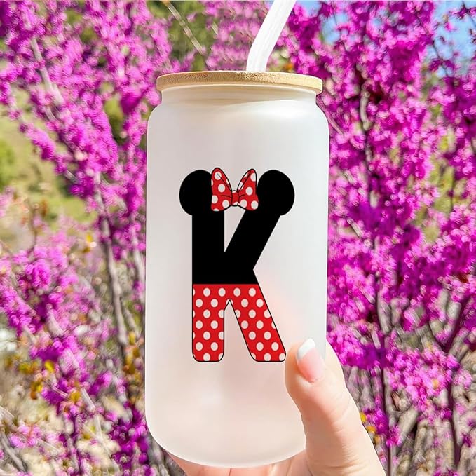 Cute Cartoon Mouse Lover Gifts Initial A-Z Personalized Iced Coffee Cup Magic Mouse Stuff Wizard Gift 16oz Glass Cup with Lid and Straws Birthday Christmas Gifts for Women Teen Girls (Letter K)