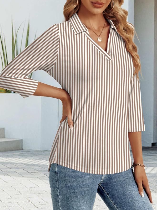 3/4 Length Sleeve Womens Tops Dressy Casual V Neck Polo Shirts Business Work Blouses 2025 Trendy Tunic Top