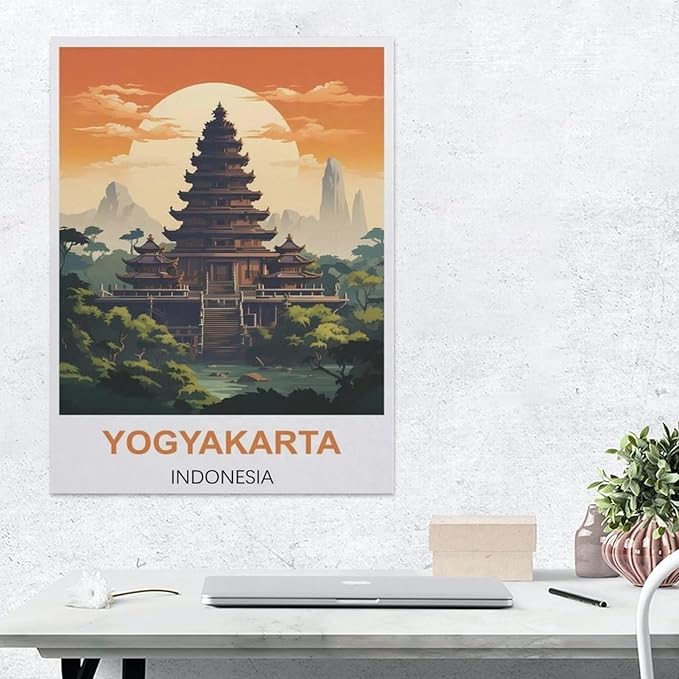 Jigsaw Puzzles 1000 Pieces Wood Assembling Picture，Yogyakarta Vintage Travel Poster Indonesia，Adults Games Educational Toys（75x50cm）-BI41