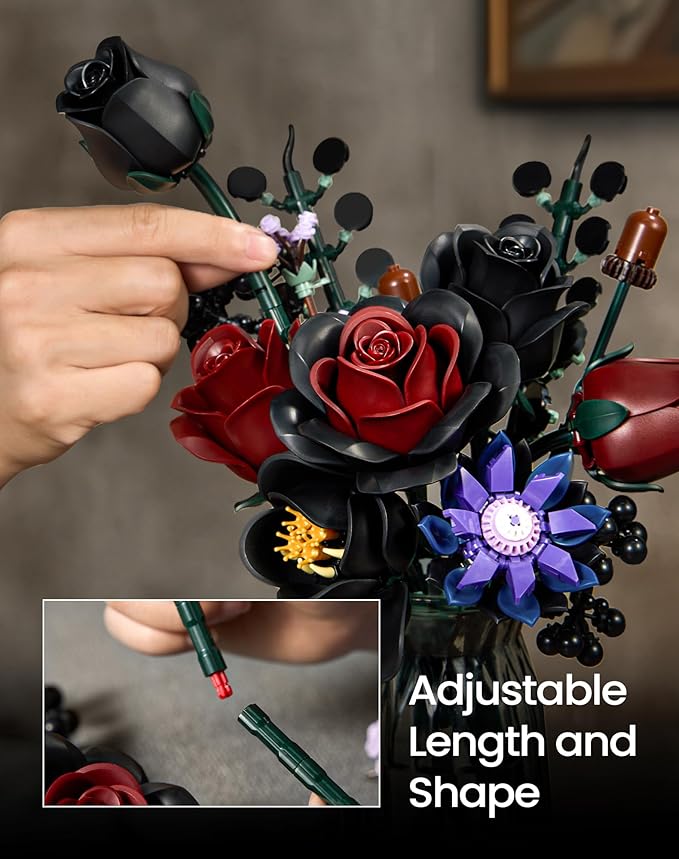 iATOM Black Burgundy Red Rose Bouquet Building Set, 12Pcs Flowers Botanical Collection Kit for Adult Women,Valentine's Day Gift for Her/Mom/Girlfriend/Wife/Couple, Gothic Home Table Centerpieces Decor