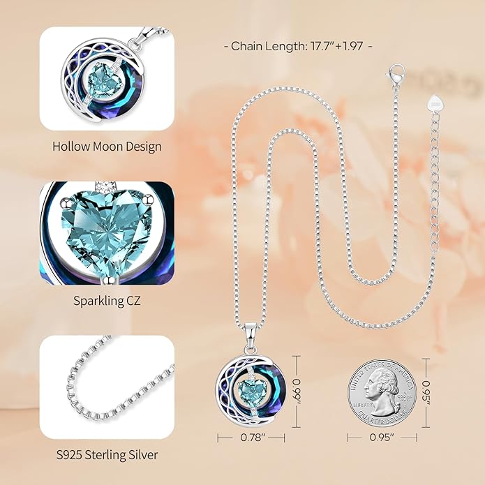 LIANYU Necklace for Womens Blue Sapphire Necklace Moon Pendant S925 Sterling Silver Crystal Jewelry for Women Pendant Birthday Gifts for Wife Gifts Valentine Anniversary