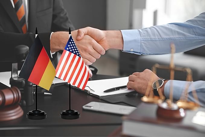 USA & Germany Desk Flag - Small Mini American & German Twin Table Office Flag, 13" Black Pole & Base