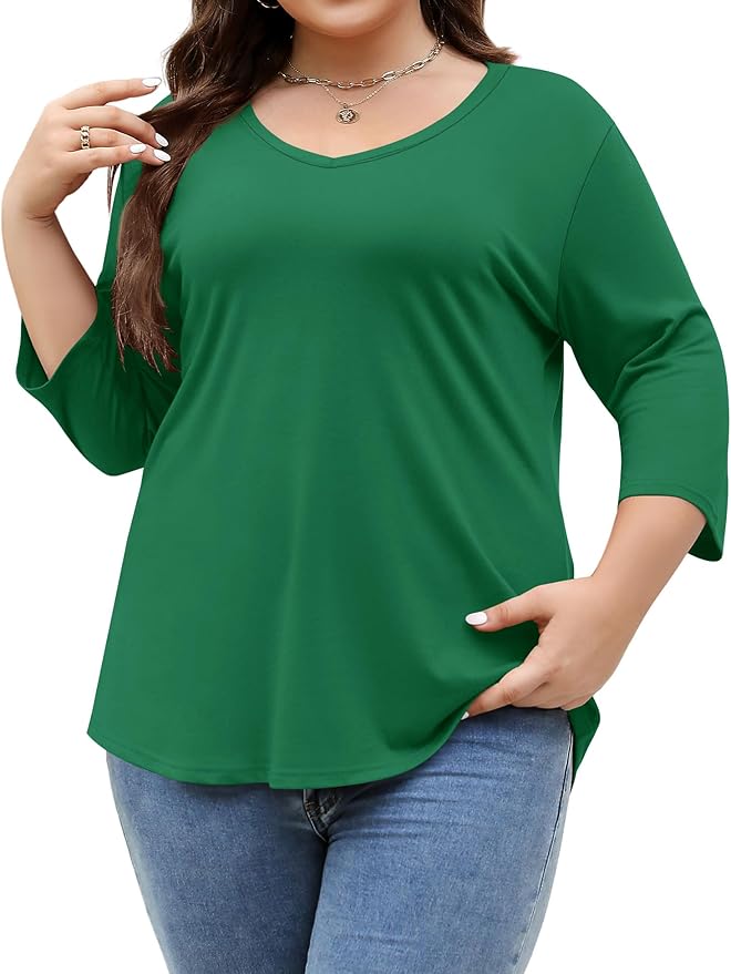 TFSDOD Womens Plus Size Tops V Neck T Shirts 3/4 Sleeve Blouse Summer Casual Tees XL-5X