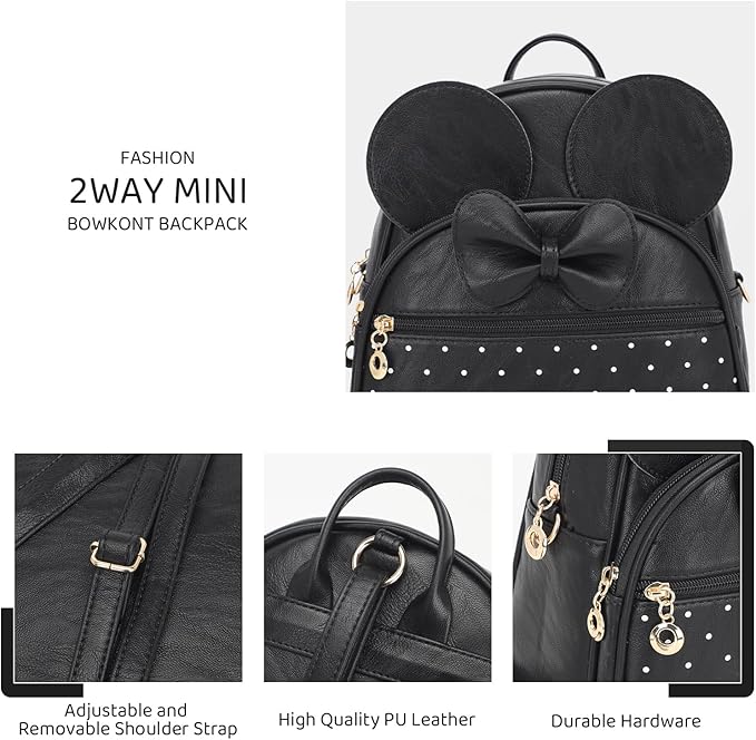 KL928 Girls Mini Backpack Bowknot Polka Dot Cute Daypacks Convertible Shoulder Bag Purse for Women (Black)