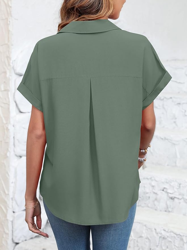 Womens Button Down Shirt Casual Short Sleeve Collared Work Blouse with Pocket