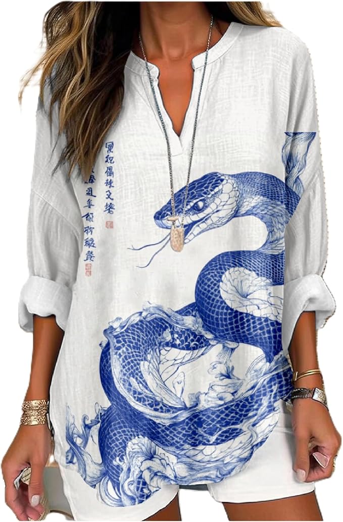 MARSVOVO V Neck Shirt For Women Boho Multi Style Blouse Long Sleeve Novelty Graphic Plus Size Pullover Tops For Women