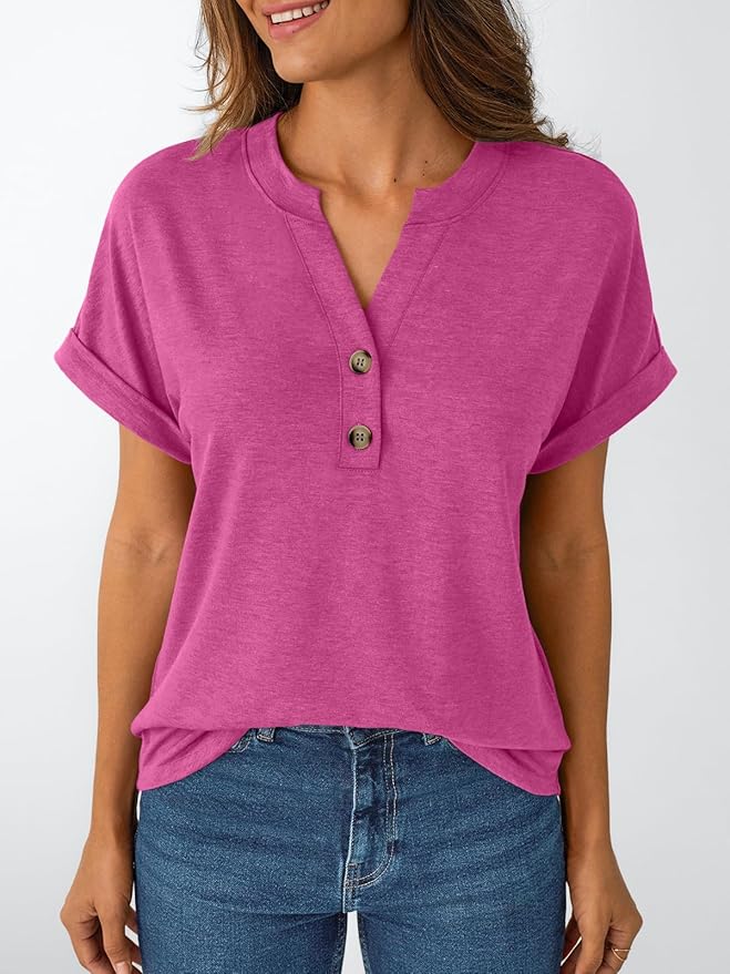 AUTOMET Women's Short Sleeve Shirts Henley Dressy Casual Summer Tops 2026 Spring Fashion Trendy Cute T-Shirts