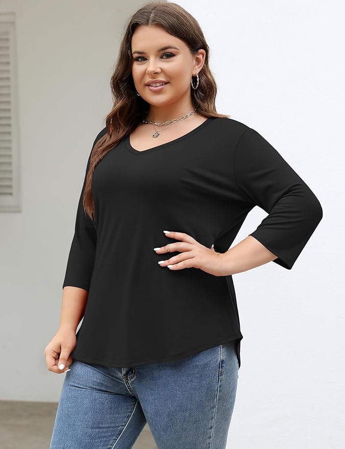 TFSDOD Womens Plus Size Tops V Neck T Shirts 3/4 Sleeve Blouse Summer Casual Tees XL-5X