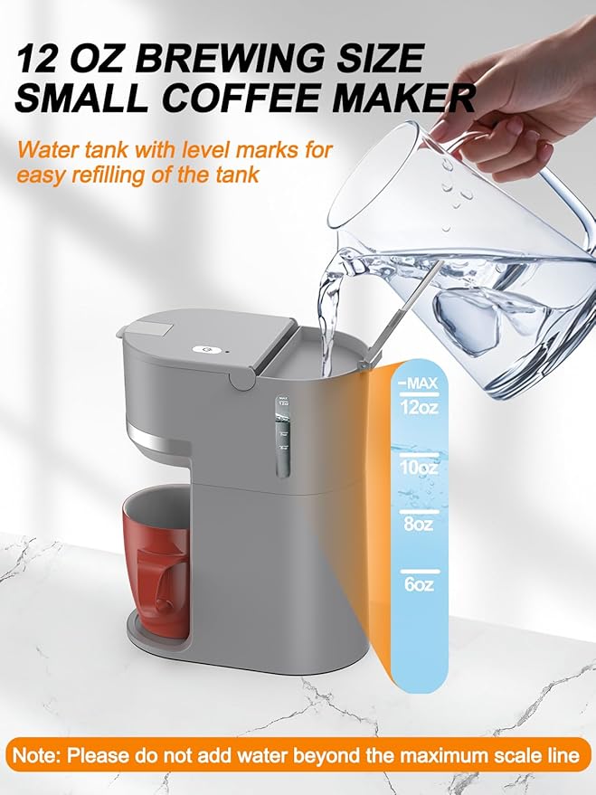 Karosie Single Serve Coffee Maker for K-Cup and Ground Coffee, Fast Brew, 6-12 oz Brew Sizes One Cup Coffee Machine Fits 5.5" Mugs, One-Button Small Coffee Maker with Descaling Reminder,Grey