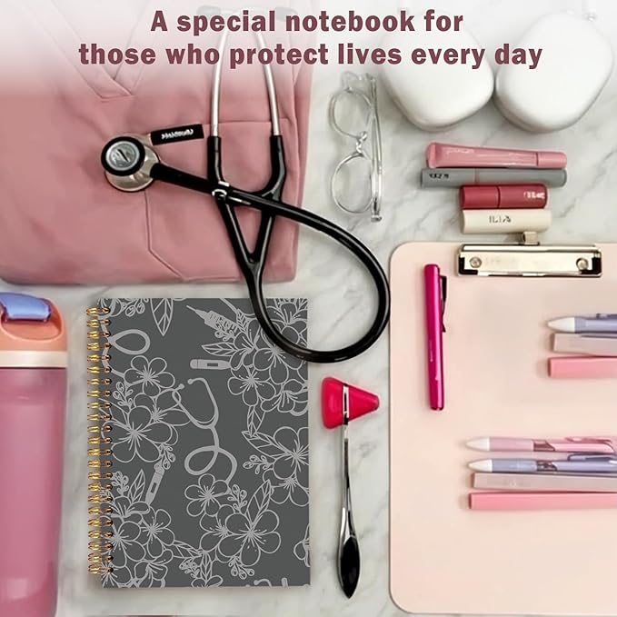 Lacama Nurse Notebook Journal, Nursing School Essentials, Nursing Student Graduation Gifts, Nurse Gifts for Women Nurse Appreciation Gift, Nurses Week Gifts, Stethoscope Flower Spiral Notebook(Gray)