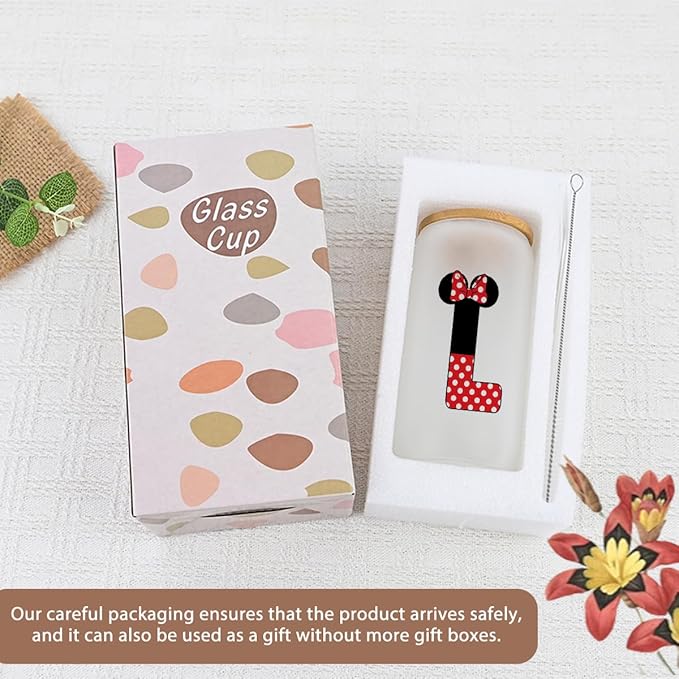 Cute Cartoon Mouse Lover Gifts Initial A-Z Personalized Iced Coffee Cup Magic Mouse Stuff Wizard Gift 16oz Glass Cup with Lid and Straws Birthday Christmas Gifts for Women Teen Girls (Letter L)