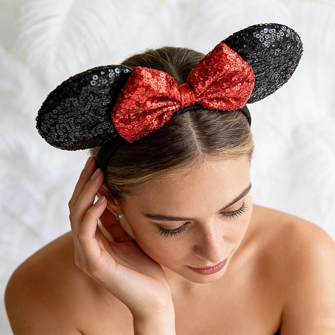 HoveBeaty Mouse Ears Bow Headbands Sequin Hairband Butterfly Glitter Hair Accessories for Girls Women Boys Birthday Cosplay Party Decorations (Red)