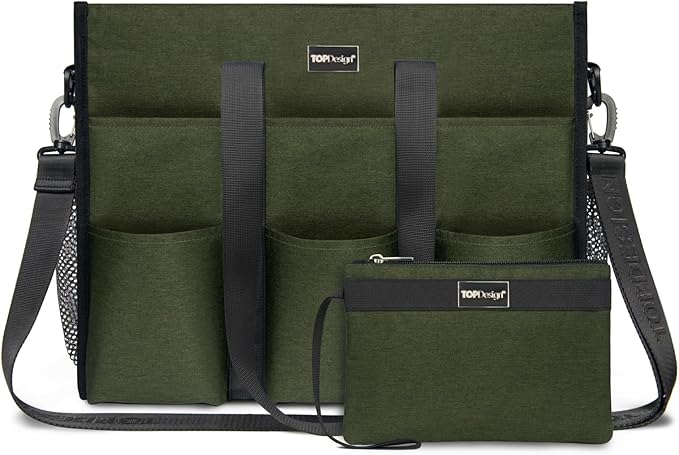 TOPDesign Utility Water Resistant Tote Bag with 22 Pockets, Top Zipper Closure & Thick Bottom Support, for Working Women