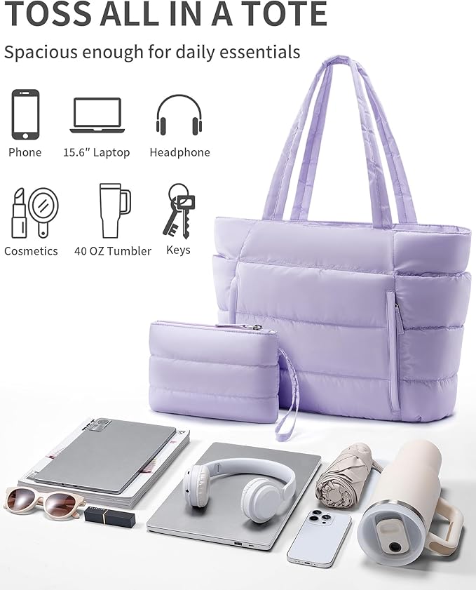 Puffer Tote Bag for Women, Lightweight Puffy Work Handbag Teacher Nurse Quilted Shoulder Bag for School Travel Gym | Quilted, with Zipper, Daily Carry On Bags, Comfy College Bags, 15.6" Laptop Sleeve, Cup Holder Pocket, Portable, Spacious