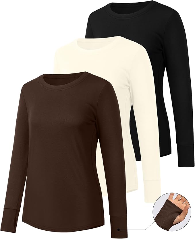 Huukeay 3 Pack Women's Long Sleeve Shirts with Thumb Holes, Cotton Casual Crew Neck Tunic Tops Fall Loose Y2k Trendy Outfits