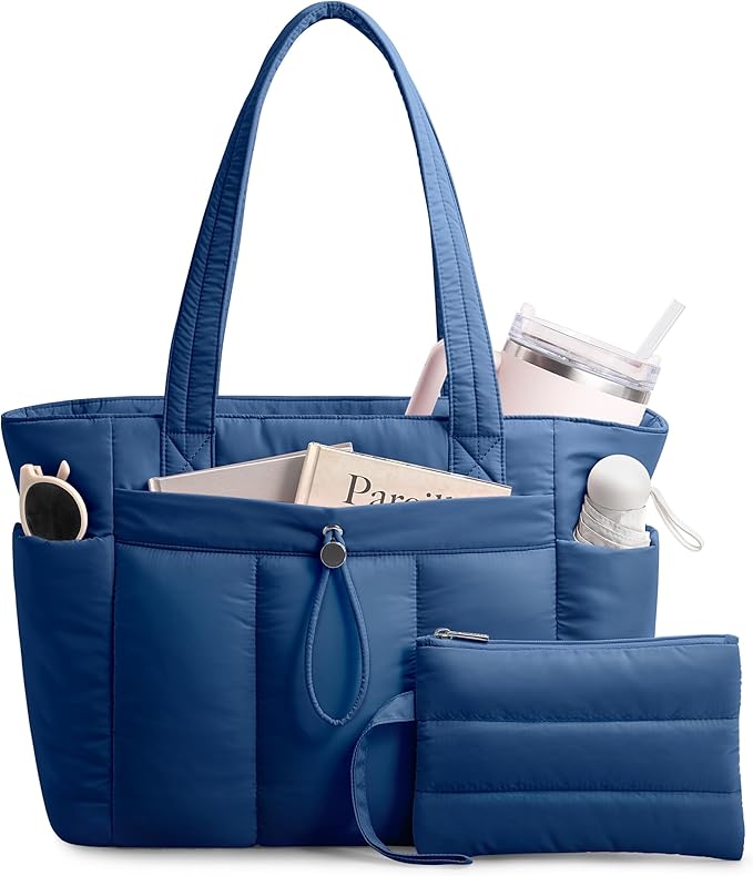 TOPDesign Puffy Tote Bag for Women with Cup Holder & Laptop Compartment & Cosmetic Bag & Trolley Sleeve for Work, Travel