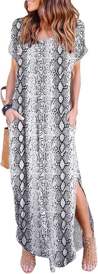 Arolina Women's Summer Maxi Dress Short Sleeve V Neck Casual Loose Long Beach Split Dresses with Pockets