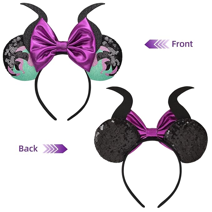Seamoy Sequin Mouse Ears Headband,Halloween Mice Ears Hairband, Maleficent Horn Design, Costume Headwear, Purple, One Size Fits All(Maleficent Purple)