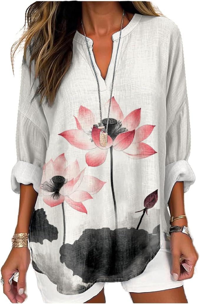 MARSVOVO V Neck Shirt For Women Boho Multi Style Blouse Long Sleeve Novelty Graphic Plus Size Pullover Tops For Women
