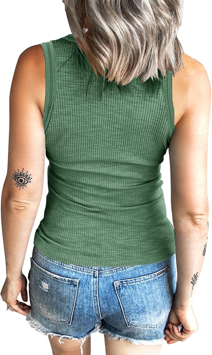 KINLONSAIR Women's Sleeveless Henley Tank Tops Ribbed V Neck Button Down T Shirts Summer Slim Fit Tee Tops