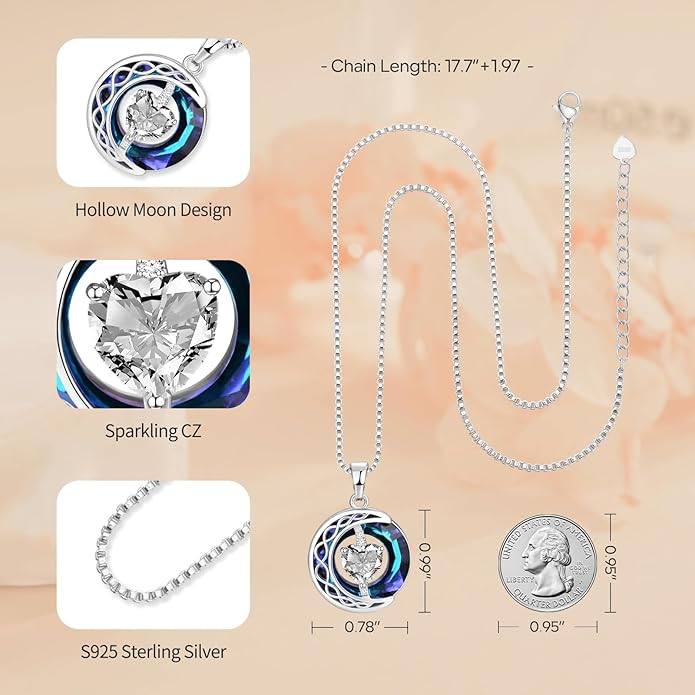 LIANYU Necklace for Womens Blue Sapphire Necklace Moon Pendant S925 Sterling Silver Crystal Jewelry for Women Pendant Birthday Gifts for Wife Gifts Valentine Anniversary
